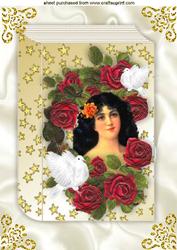 Vintage Lady in Frame of Roses with Doves on a Folded Book