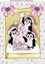 Cute Little Penguins on a Scroll with Pink Bows A4