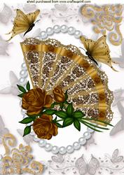 Gold Rose Fan with Lace and Gold Butterflies A4