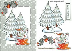 Silver Snow Frame with Cute Snowman in a Teacup