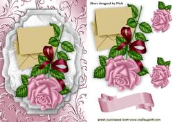 Pink Roses with Envelopes with Pink Flourish Background