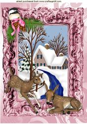 Deers and Bird in Snow Scene in Pretty Baroque Frame A4