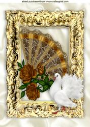 Gold Roses on Lace Fan with Dove in Gold Baroque Frame A4