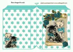 Cute Kittens with Turq Roses on a Scroll Folded Book