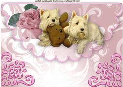 Cute Westies with Pink Rose on Scalloped Envelope A4