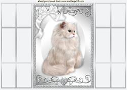 Gorgeous White Fluffy Cat, with White Bow, French Gatefold