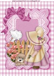 Little Bonnet Girl in Pink with Her Puppy and White Dove A4