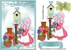 Little Bonnet Girl Gardening with Birdhouse