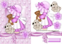 Little Bonnet Girl with Her Teddy and Puppy in Star Frame
