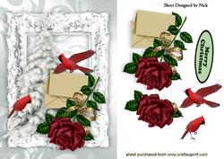 Red Rose with Red Cardinals, in Silver Frame