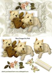 Cute Westies with Teddy Bear in Ornate Scroll Frame