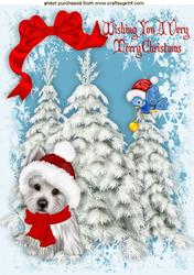 Fluffy White Westie in Santa Hat with Little Bird A4