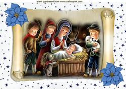Nativity Scene with Baby Jesus on a Scroll A4