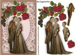 Vintage Couple on Vintage Lace with Cascading Roses