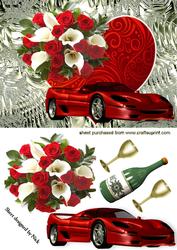 Big Red Heart with Roses and Red Car, on Funky Silver Back