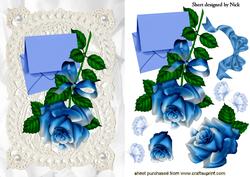 Blue Rose with Butterflies and Bow on Vintage Lace