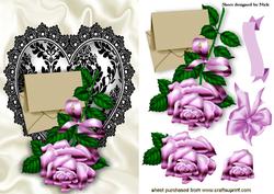 Beautiful Pink Rose on Black Lace Heart with Bow