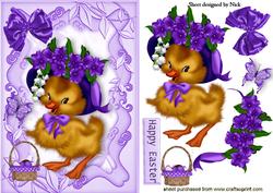 Easter Duckling with Purple Flower Bonnet and Eggs