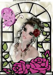 Pretty Lady with Ornate Window and Butterfly A4