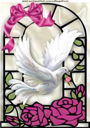 Beautiful White Dove with Pink Roses in Window A4