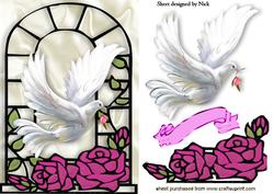 Beautiful White Dove with Pink Roses in Window A5