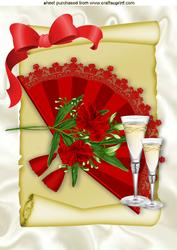 Champagne and Glasses with Red Lace Fan on a Scroll A4
