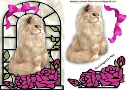 Fluffy Cat with Pink Roses in Window Frame