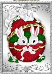 Little White Easter Bunnies in Red Ornate Egg A4