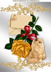 Gold Rose with Envelope and Fluffy Cat A4