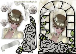 Pretty Steampunk Lady with Silver Roses in Window Frame
