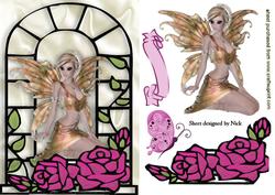 Pretty Fairie in Gold with Pink Roses in Window Frame