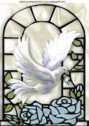 Beautiful White Dove with Pale Blue Roses in Window A4