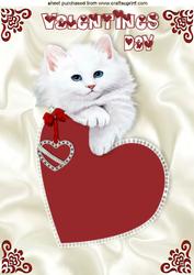 White Fluffy Cat with Red Jewelled Heart A4