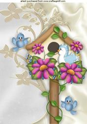Bird House with Pretty Blue Birds and Flowers A4
