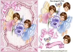 Little Faries with Pansy and Butterflies in Lace Frame