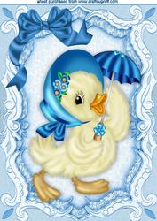 Little Chick with Umberella in Blue, in Ornate Frame A4