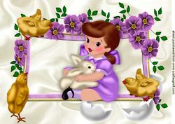 Little Girl with Bunny and Easter Chicks in Floral Frame A4