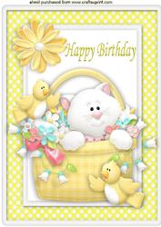 Cute Little Puddy Cat with Birds, in a Basket of Flowers A4