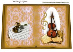 Violin with Flowers in Gold Lace on Open Book A4
