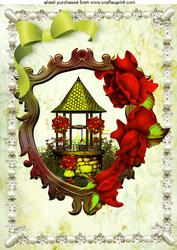 Wishing Well with Red Roses and Bow in Pearl Frame A4