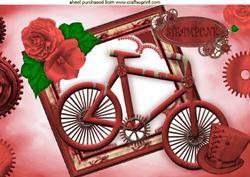 Ladies Red Bike with Hat and Rose in Steampunk Frame A4