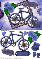 Ladies Blue Bike with Roses and Hat in Steampunk Frame