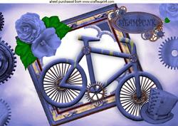 Ladies Blue Bike and Roses with Hat in Steampunk Frame A4