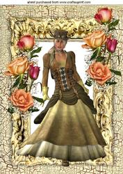 Steampunk Lady in Gold Frame with Peach Roses A4