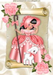 Little Bo Peep in Pink, with Little Lamb & Pink Roses A4