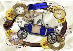 Steampunk Clock Frame with Blue Steam Car A4