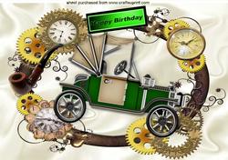 Green Steampunk Car in Clock Steampunk Frame A4