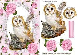 Cute Owl on a Branch with Pink Roses