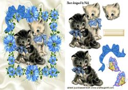 Vintage Kittens in Blue Flower Frame