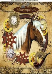 Horse in Clock Steampunk Frame with Pipe A4
